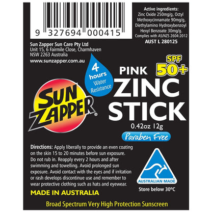 Sun Zapper Zinc Oxide Mineral Sunscreen Stick SPF 50+ Water Resistant – Pink – 12g (0.42 Oz) – For Face & Body – Adults & Kids – Made in Australia