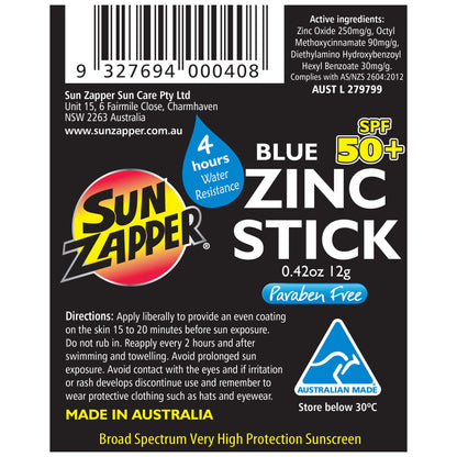 Sun Zapper Zinc Oxide Sunscreen Stick SPF 50+ Blue – Water-Resistant for Face & Body