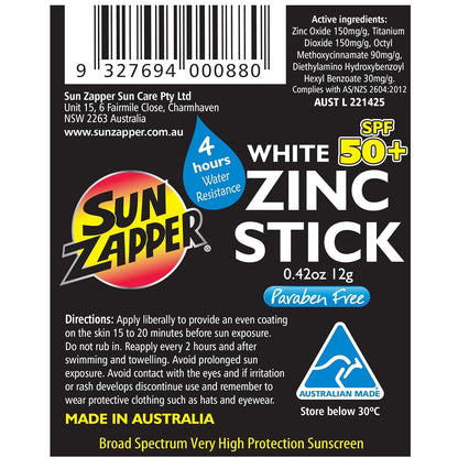 Sun Zapper Zinc Oxide Mineral Sunscreen Stick SPF 50+ – 12g White – Water Resistant