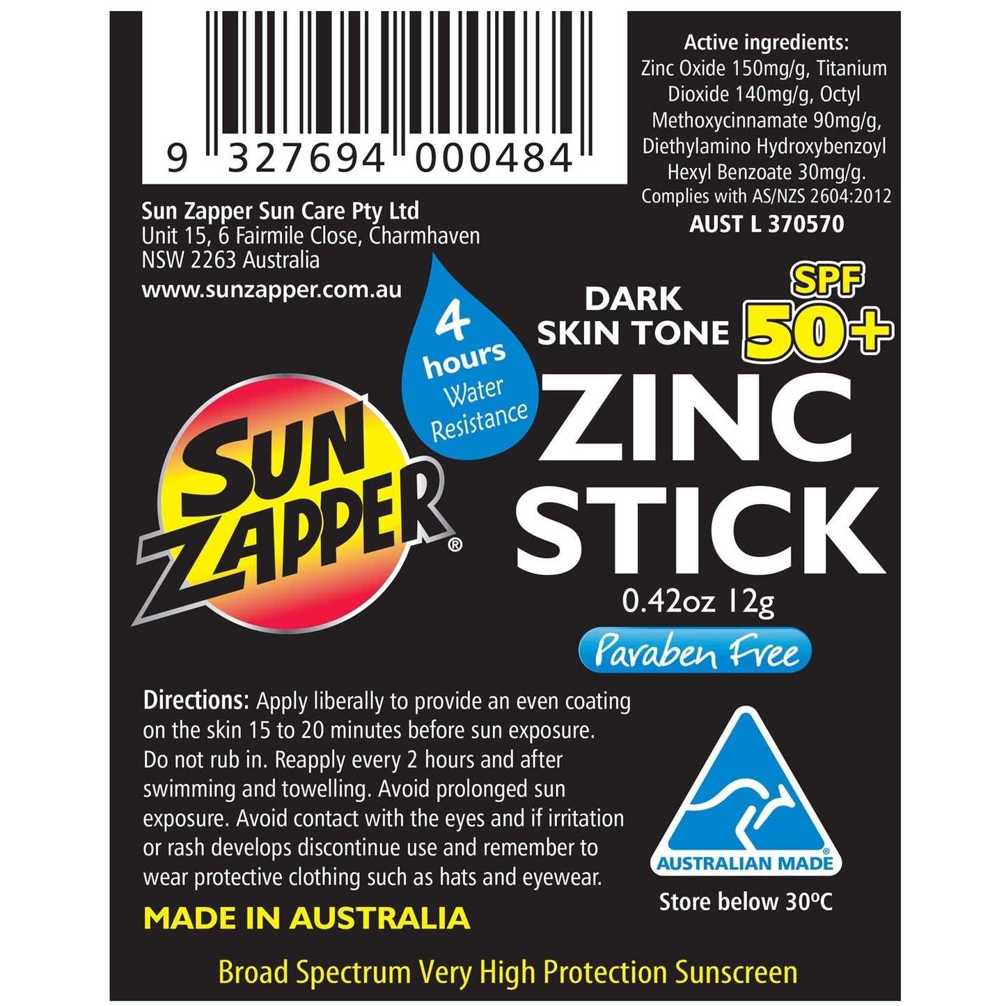 Sun Zapper Zinc Oxide Mineral Sunscreen Stick SPF 50+ | Bronze/Tan Medium Skin Tone | 12g – Made in Australia