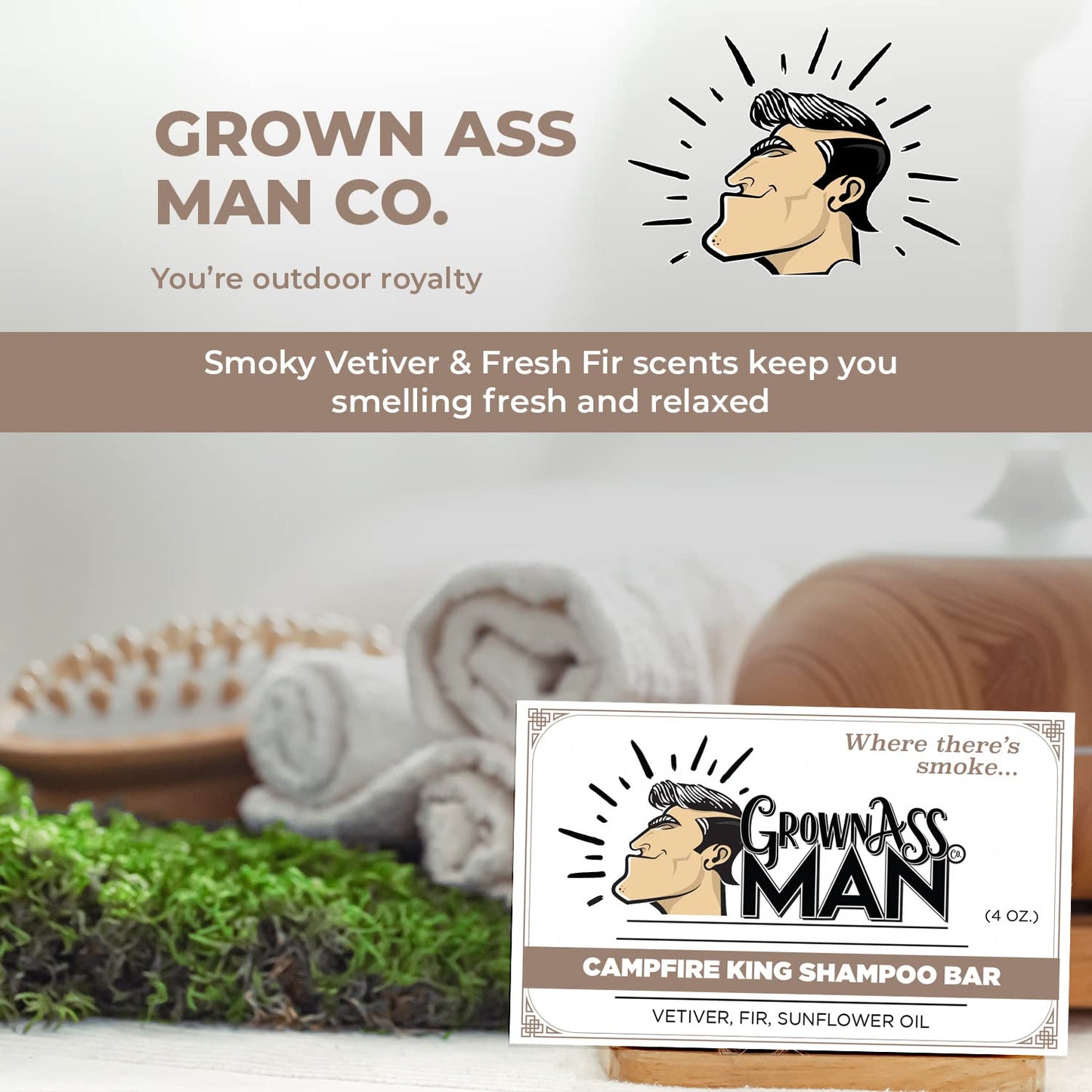 Grown Ass Man Co. Campfire King Solid Shampoo Bar — 3-in-1 Hair, Beard & Body, Plastic Free