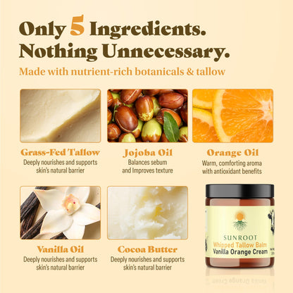Sunroot Naturals Whipped Tallow Balm – Vanilla Orange Cream Moisturizer (2.85 oz) | Glass Jar