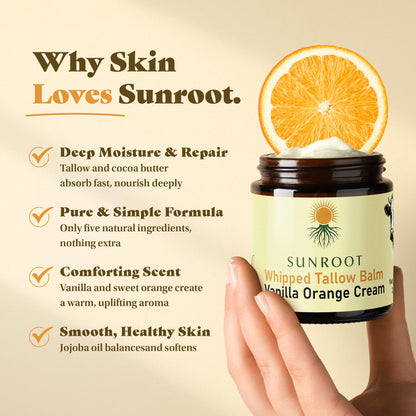 Sunroot Naturals Whipped Tallow Balm – Vanilla Orange Cream Moisturizer (2.85 oz) | Glass Jar