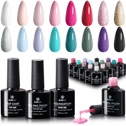 SUNUV 16-Color Gel Nail Polish Kit with Base & Top Coat | Long-Lasting, Cruelty-Free