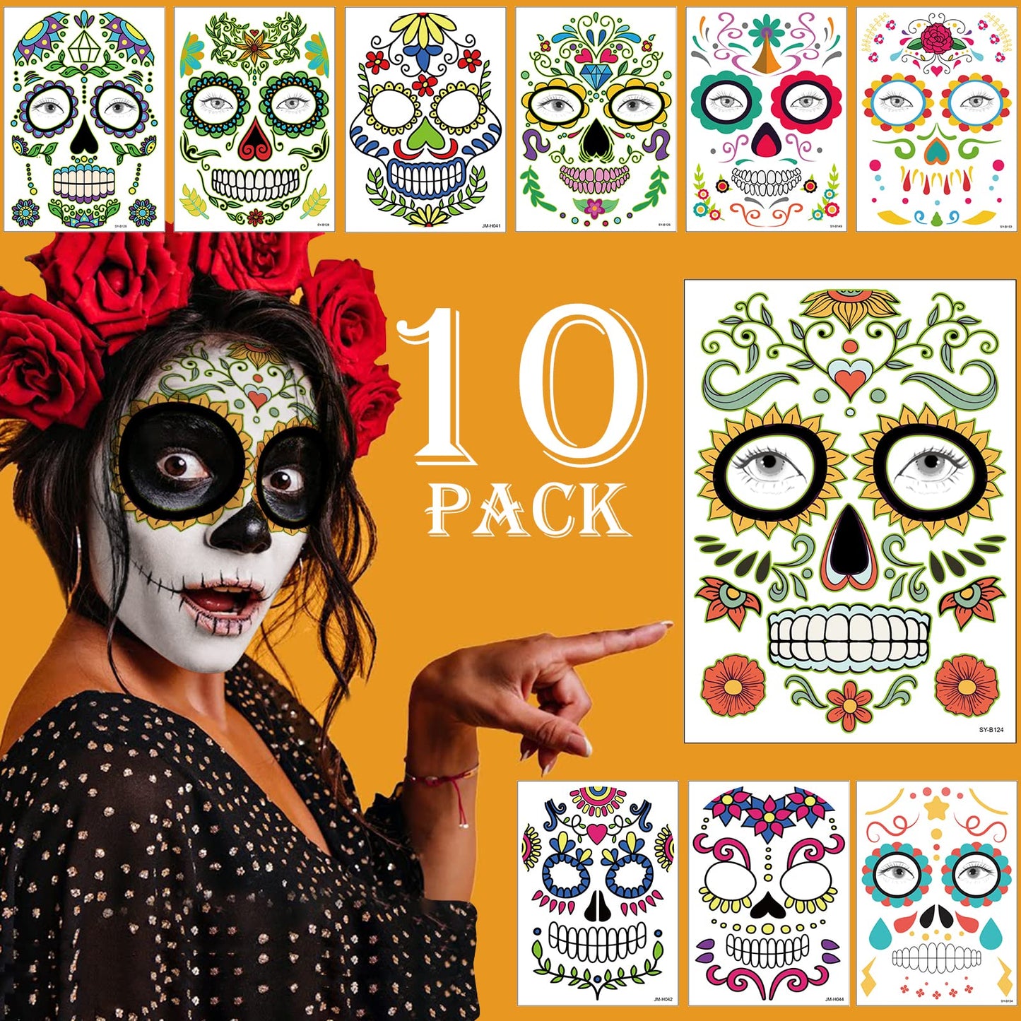 Supersfel Day of the Dead Face Tattoos Kit – 10 Sheets Sugar Skull Roses for Halloween