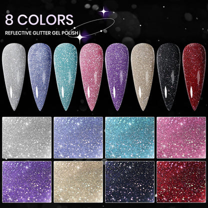 SUPWEE Reflective Gel Polish Set — 8 Diamond Glitter UV Gel Nail Polishes (7ml each)