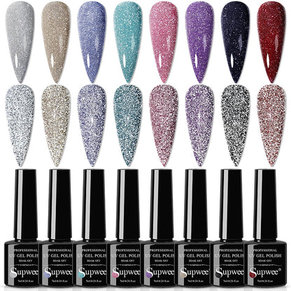 SUPWEE Reflective Gel Polish Set — 8 Diamond Glitter UV Gel Nail Polishes (7ml each)