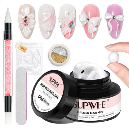 SUPWEE 3D Sculpting Gel for Nail Art | 60g Pearl White Builder Gel with Chrome Powder