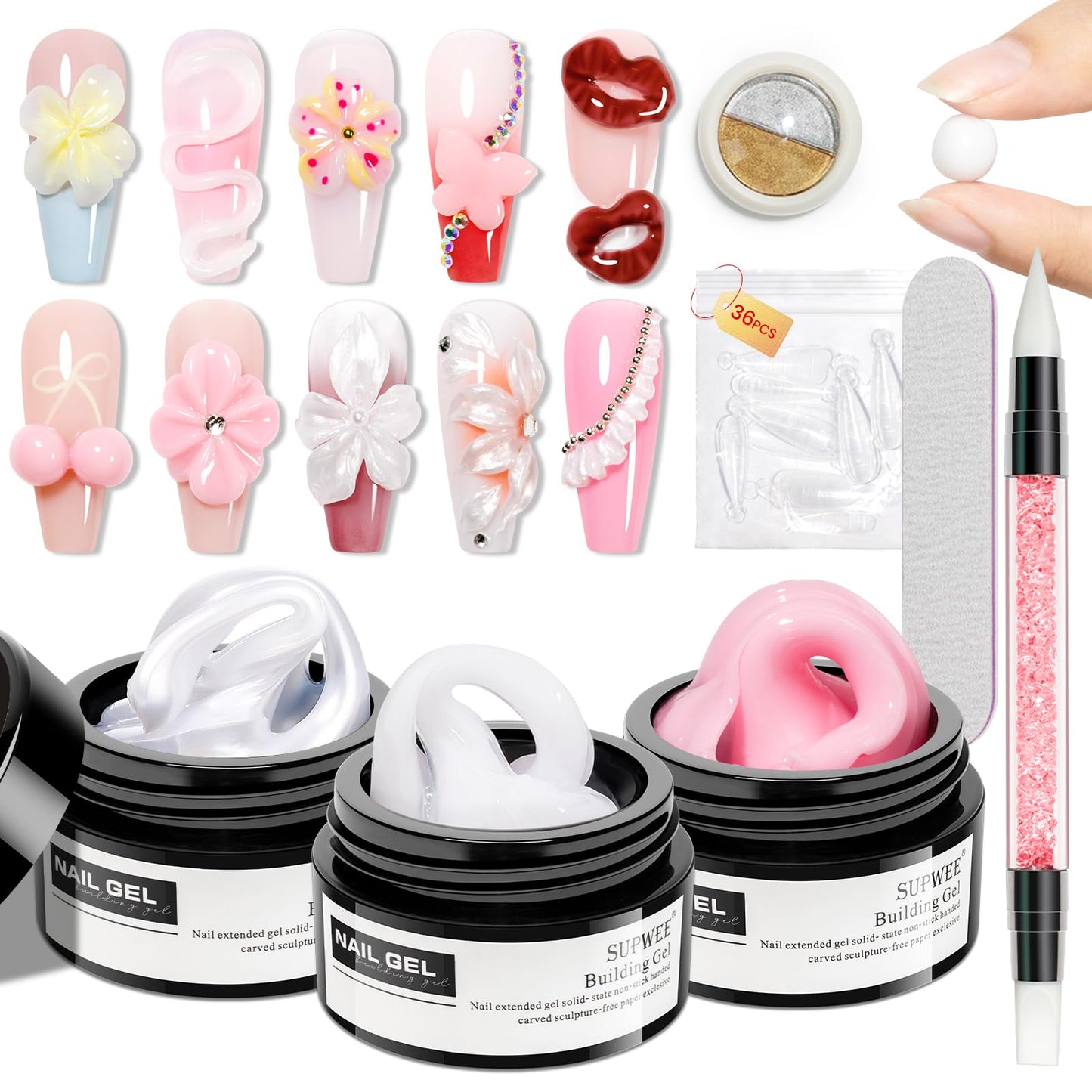 SUPWEE 3D Sculpting Gel Kit – Pearl White, Pink & White Builder Gel for At-Home Nails