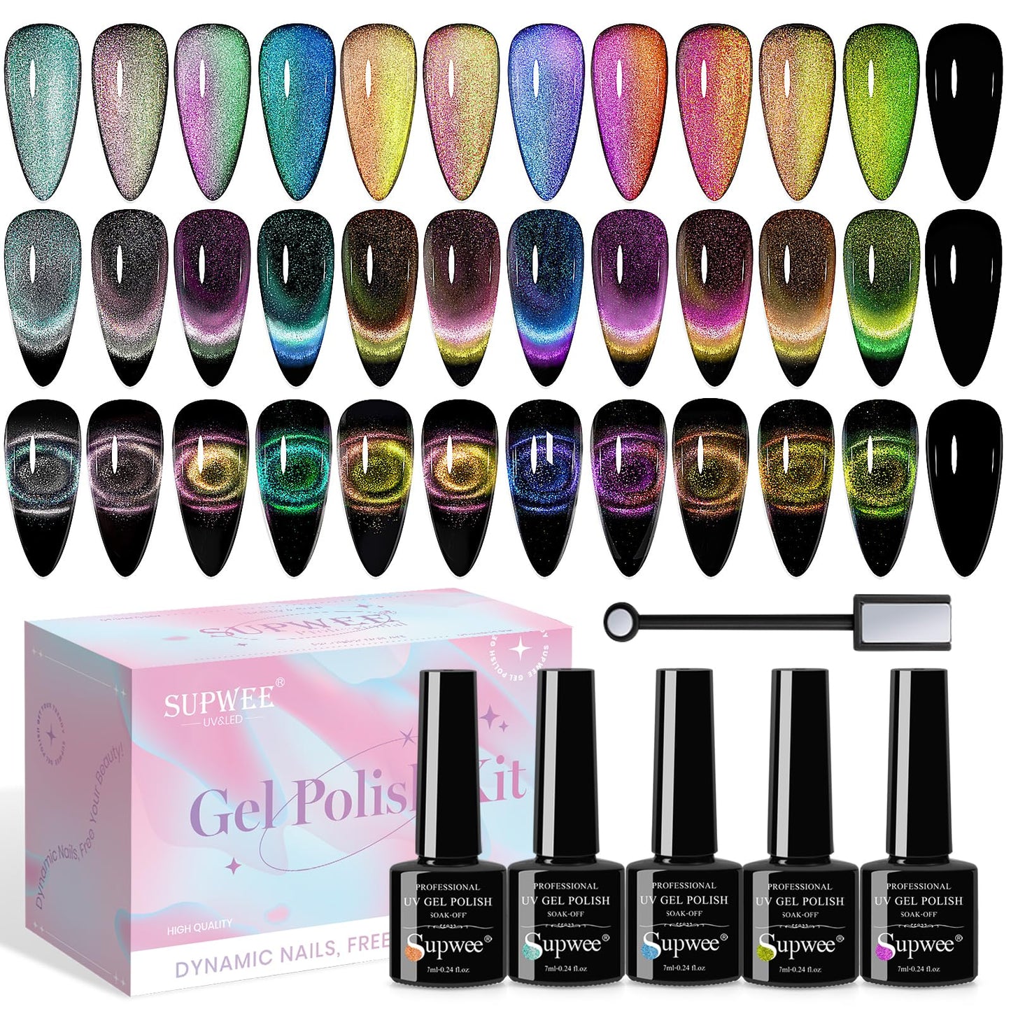 SUPWEE 9D Cat Eye Gel Nail Polish Set with Magnet – 12 Magnetic Colors for Cat Eye Nail Art
