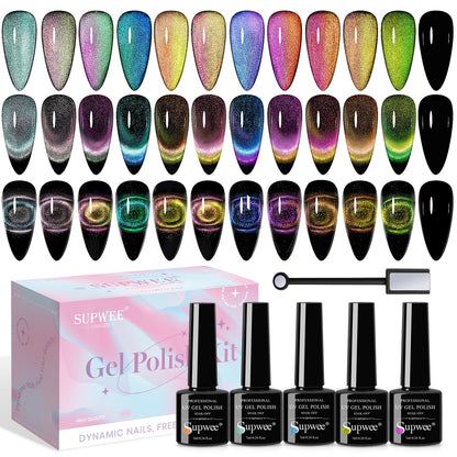 SUPWEE 9D Cat Eye Gel Nail Polish Set with Magnet – 12 Magnetic Colors for Cat Eye Nail Art