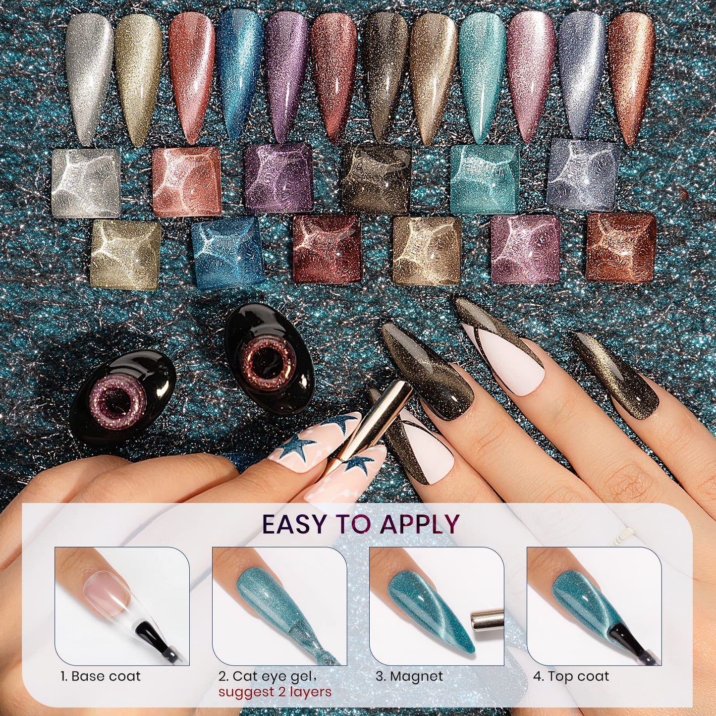 SUPWEE Reflective Cat Eye Gel Polish Set - 12 Colors with Magnet, 7ml Each