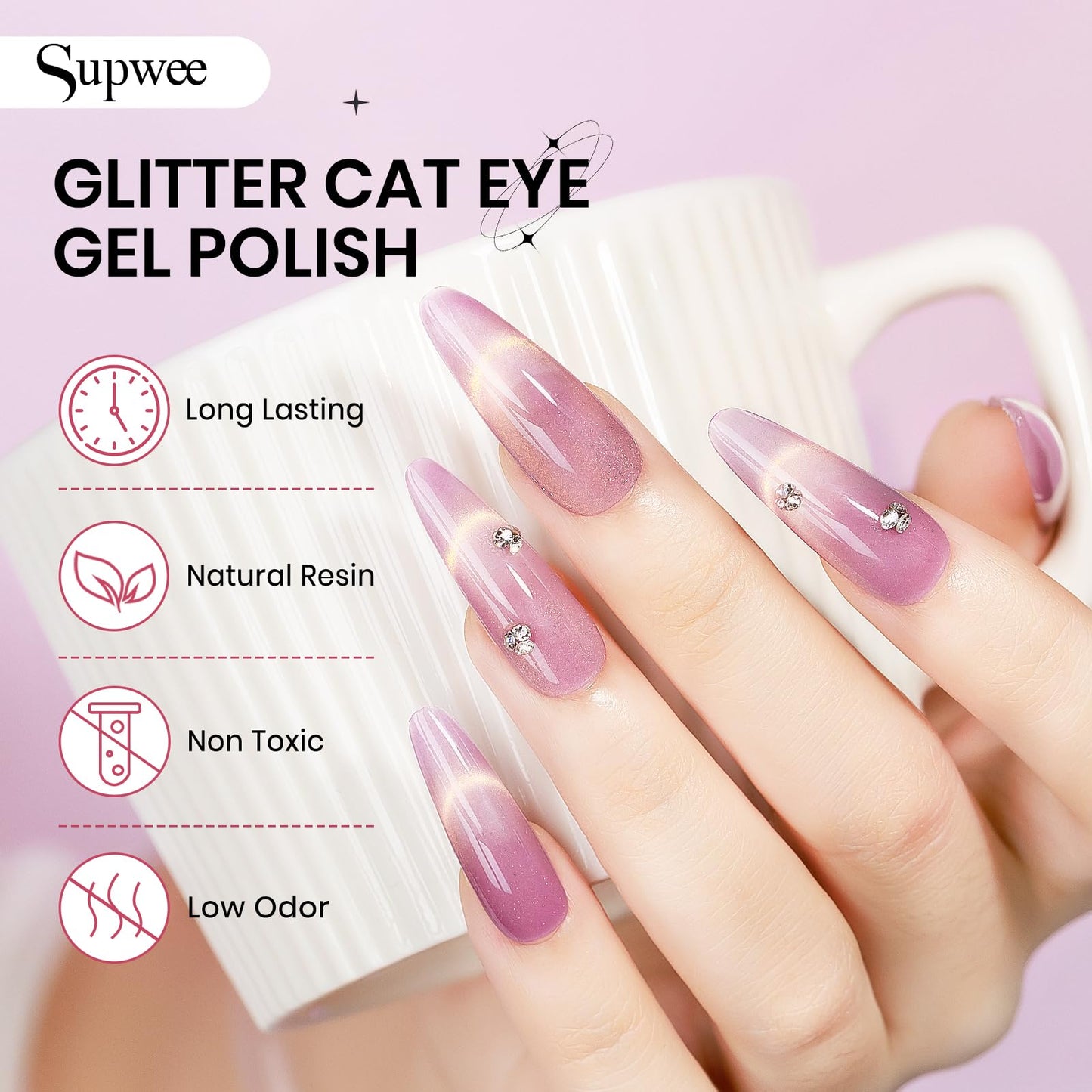 SUPWEE Cat Eye Gel Nail Polish Set – 12 Magnetic Colors with Holographic Glitter | DIY Home Manicure