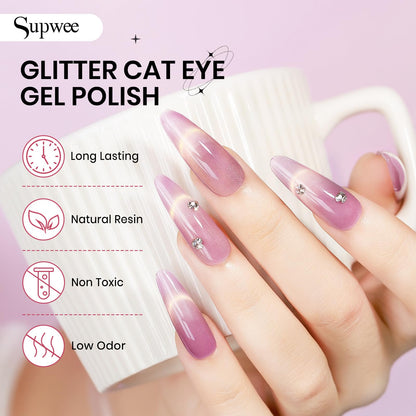 SUPWEE Cat Eye Gel Nail Polish Set – 12 Magnetic Colors with Holographic Glitter | DIY Home Manicure