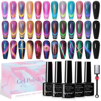 SUPWEE 12-Color Cat Eye Gel Polish Kit with Magnetic Stick – Galaxy Cat Eye Nails for DIY Home Manicure