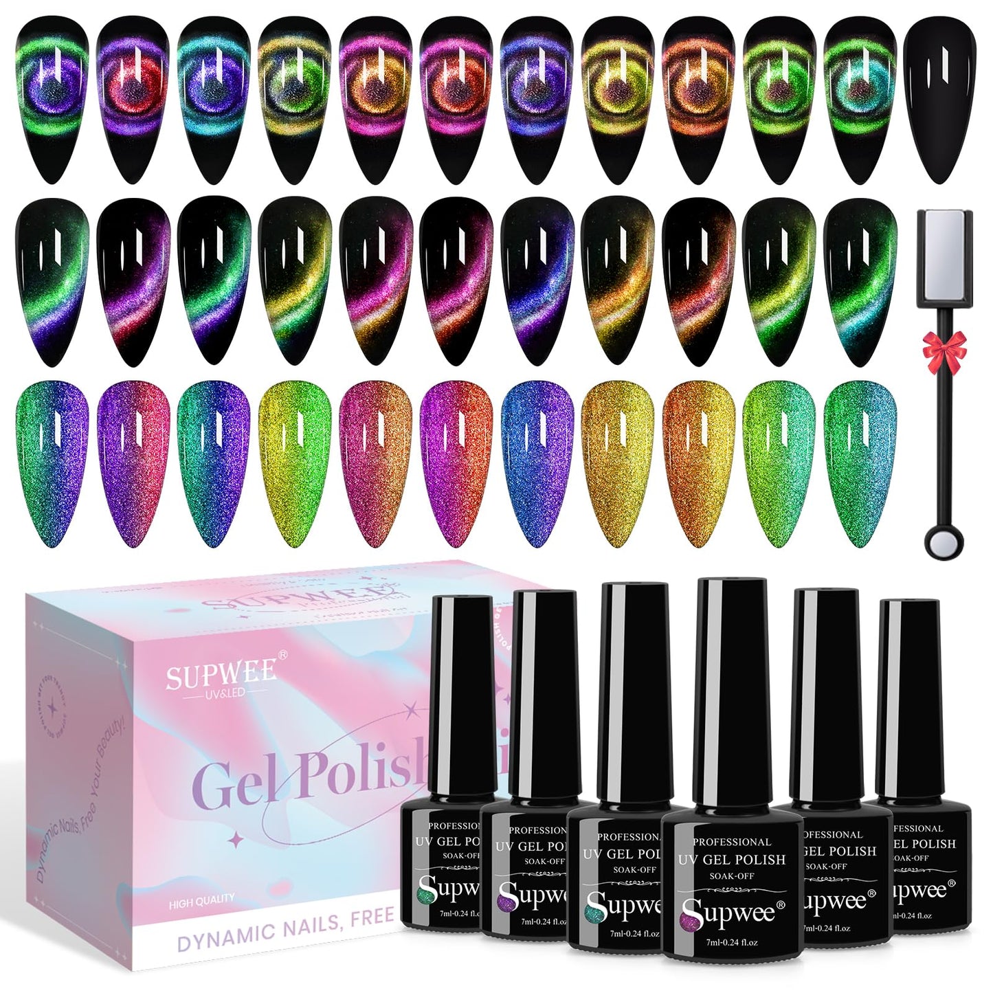 SUPWEE Cat Eye Gel Polish with Magnet – 12-Color Galaxy 9D Cateye Kit, 7ml, Soak Off UV/LED