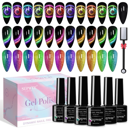 SUPWEE Cat Eye Gel Polish with Magnet – 12-Color Galaxy 9D Cateye Kit, 7ml, Soak Off UV/LED