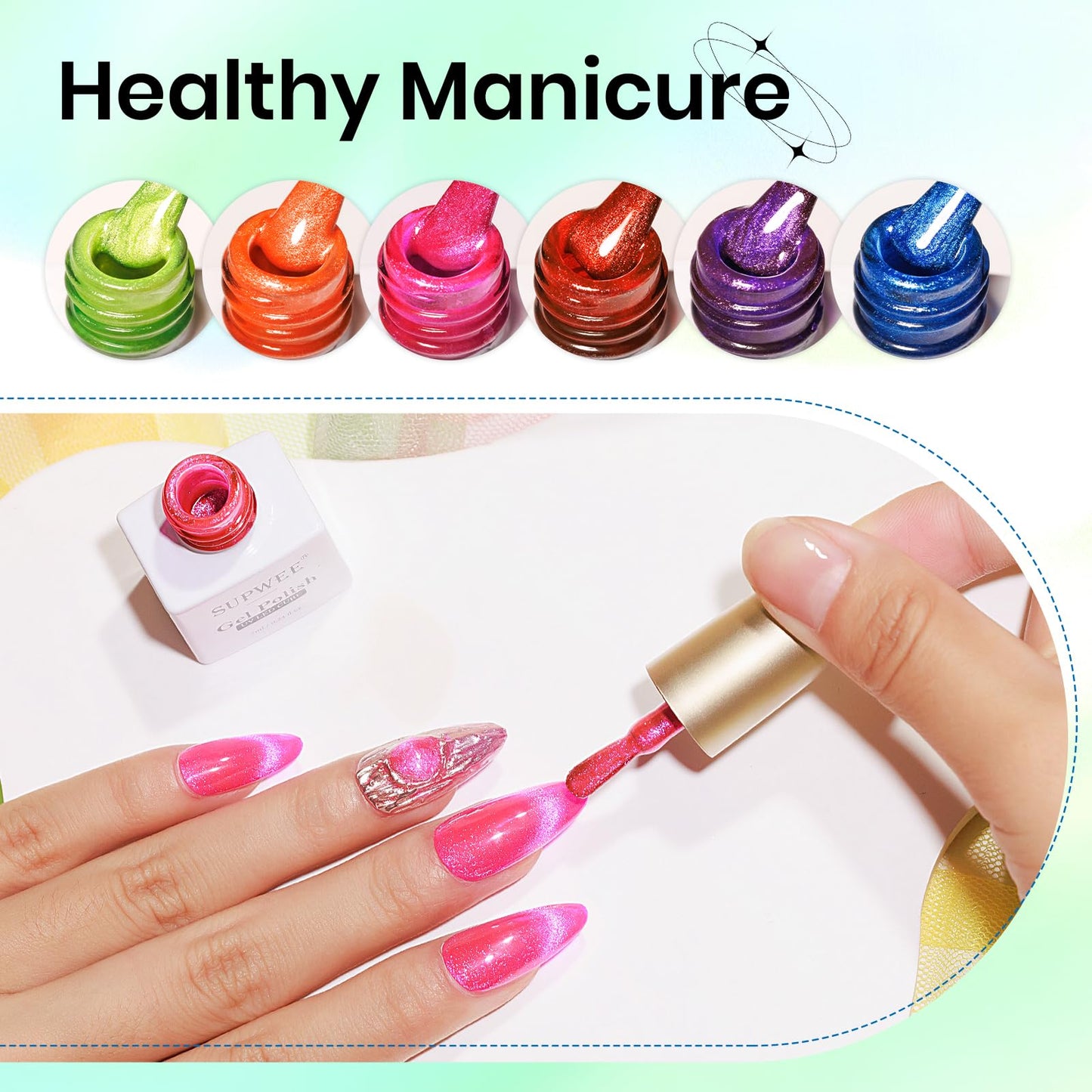 SUPWEE Neon Cat Eye Gel Nail Polish — 6 Neon Colors + Magnetic Effect for Beginner to Pro Manicures