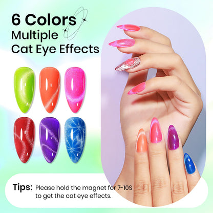 SUPWEE Neon Cat Eye Gel Nail Polish — 6 Neon Colors + Magnetic Effect for Beginner to Pro Manicures