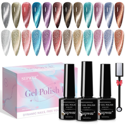 SUPWEE Reflective Cat Eye Gel Polish Set - 12 Colors with Magnet, 7ml Each