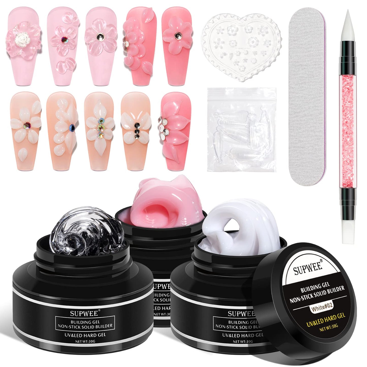 SUPWEE Solid Builder Gel for 3D Nail Art Extensions – DIY Home Kit (3 x 30g)