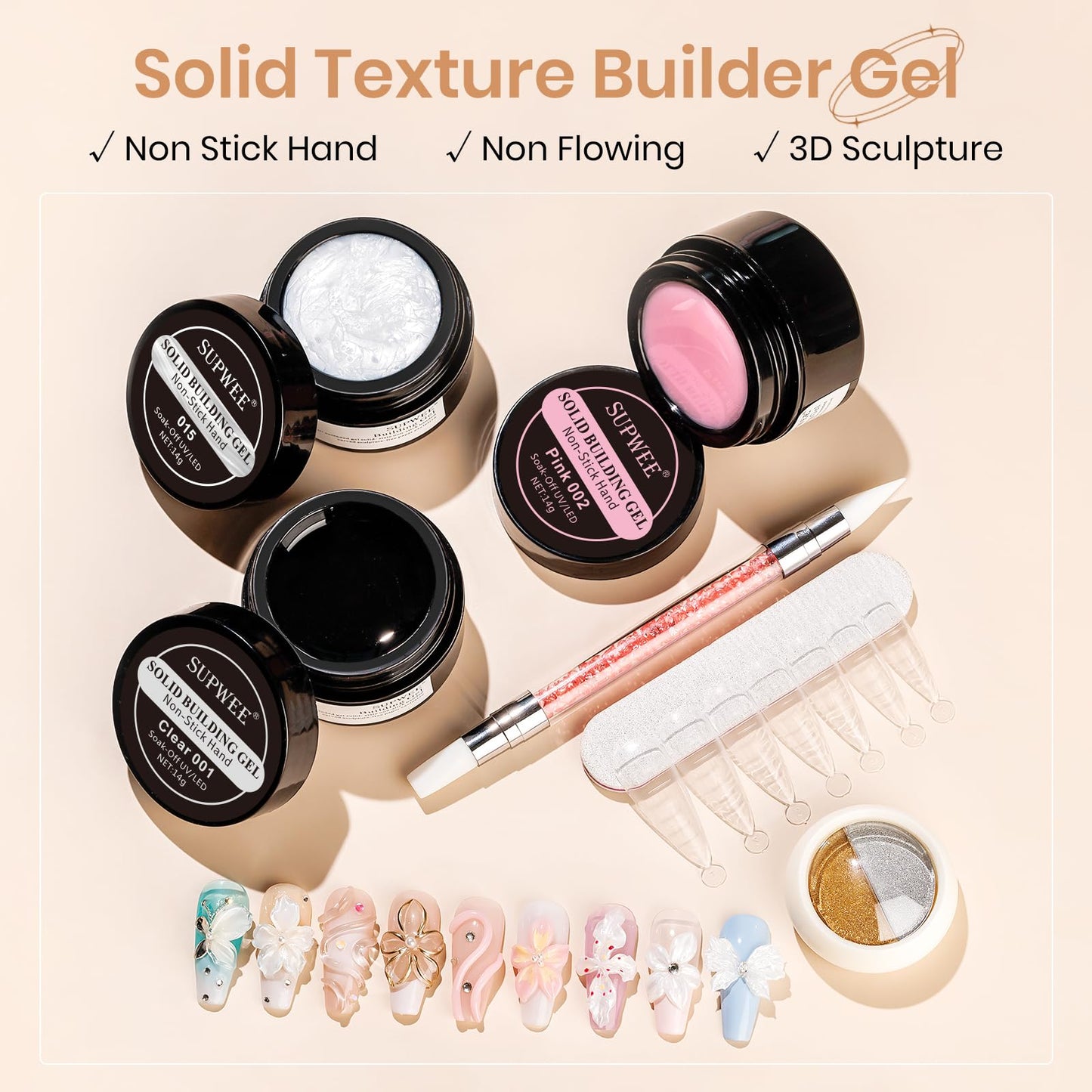 SUPWEE 3D Gel Nail Art Kit — Non-Stick Builder Gels for Extensions, Carving & DIY