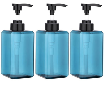 SUREAM 3-Pack 15oz Blue Square Pump Bottles with Labels – Shampoo, Conditioner, and Body Wash Dispenser