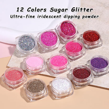SUTOKAKA Holographic Sugar Glitter Powder – 12 Iridescent Nail Colors
