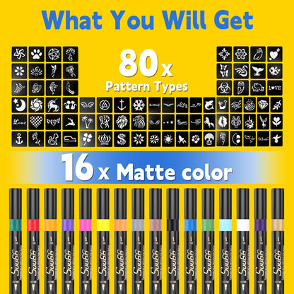 Suu66 Temporary Tattoo Markers Kit – 16 Dual-End Colors with 80 Stencils | Skin-Safe & Washable