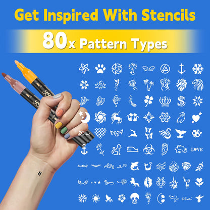 Suu66 Temporary Tattoo Markers Kit – 16 Dual-End Colors with 80 Stencils | Skin-Safe & Washable