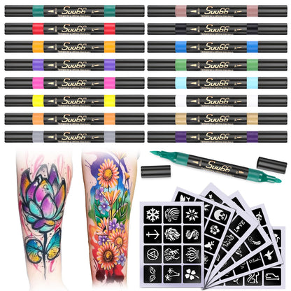 Suu66 Temporary Tattoo Markers Kit – 16 Dual-End Colors with 80 Stencils | Skin-Safe & Washable