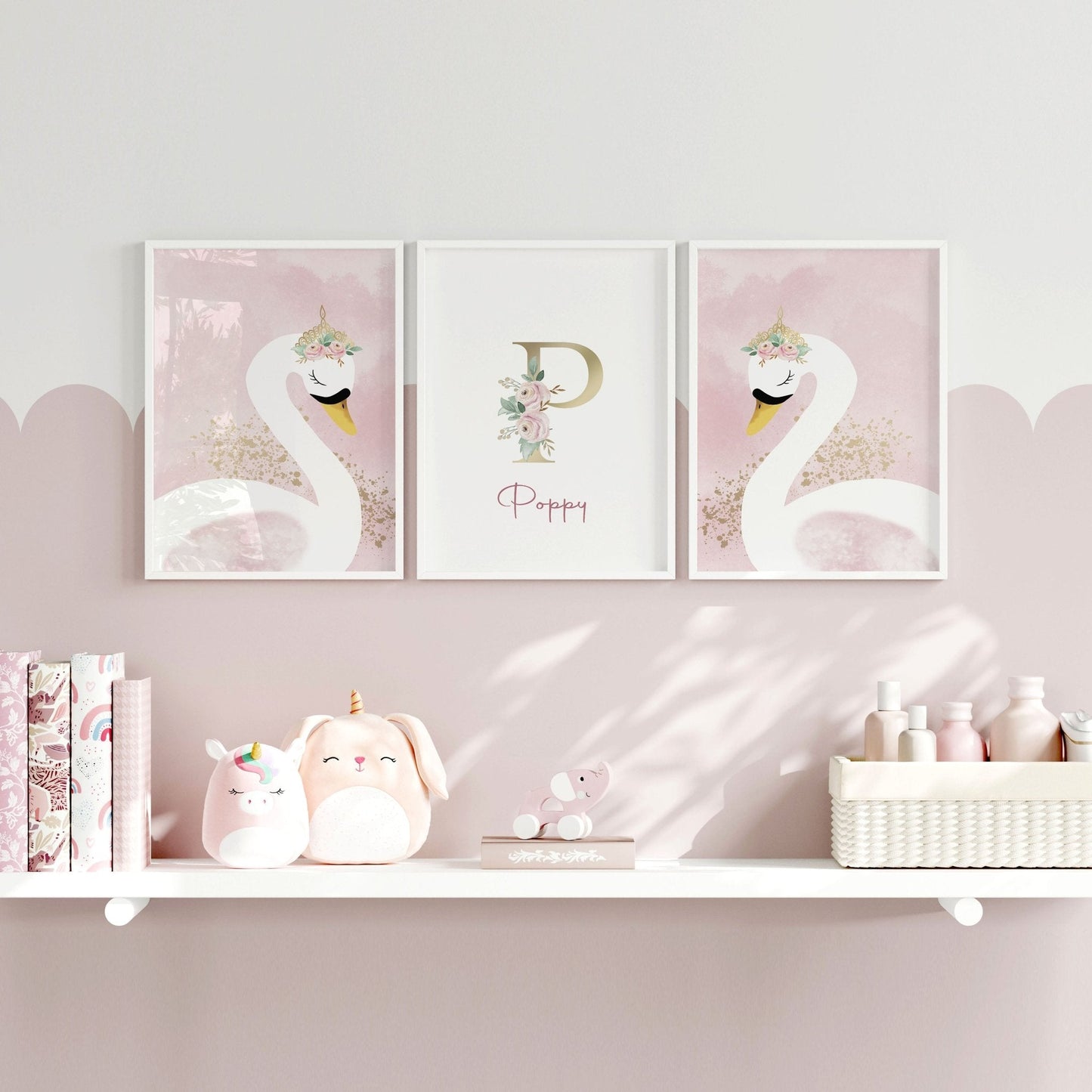 Girl Nursery Wall Decor | Pink Swan Prints Set of 3
