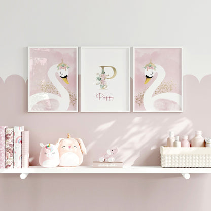 Girl Nursery Wall Decor | Pink Swan Prints Set of 3