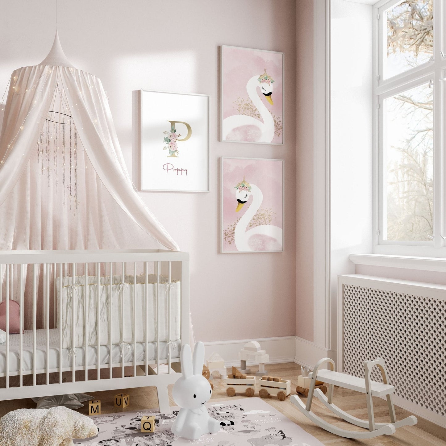 Girl Nursery Wall Decor | Pink Swan Prints Set of 3