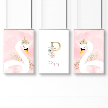 Girl Nursery Wall Decor | Pink Swan Prints Set of 3