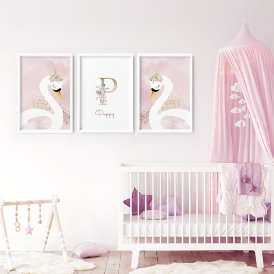 Girl Nursery Wall Decor | Pink Swan Prints Set of 3