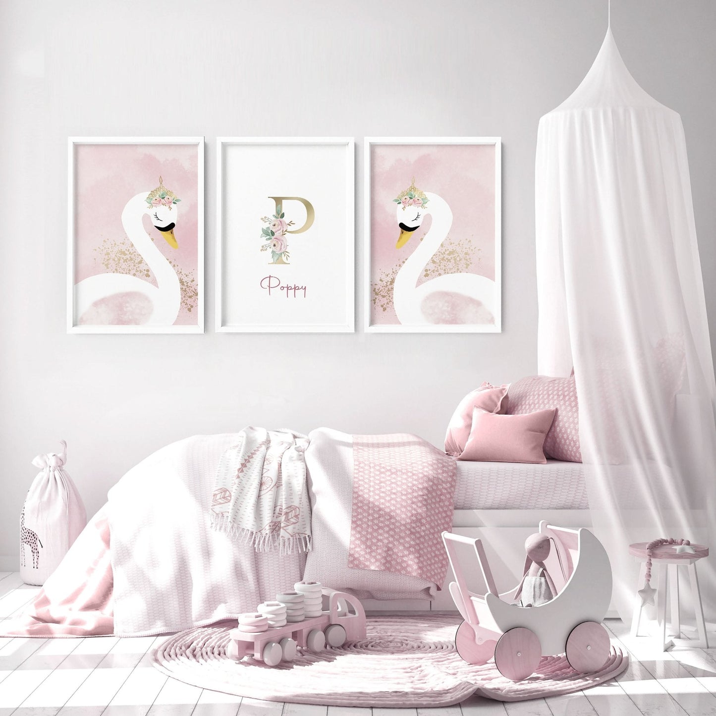 Girl Nursery Wall Decor | Pink Swan Prints Set of 3