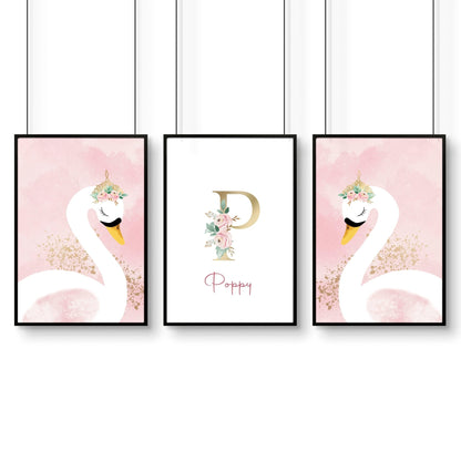 Girl Nursery Wall Decor | Pink Swan Prints Set of 3