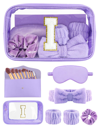 Sweet Lion Gift Sets for Women — Initial Makeup Bag + Brush Set, Purple Spa Kit, Sleepover Party Favors