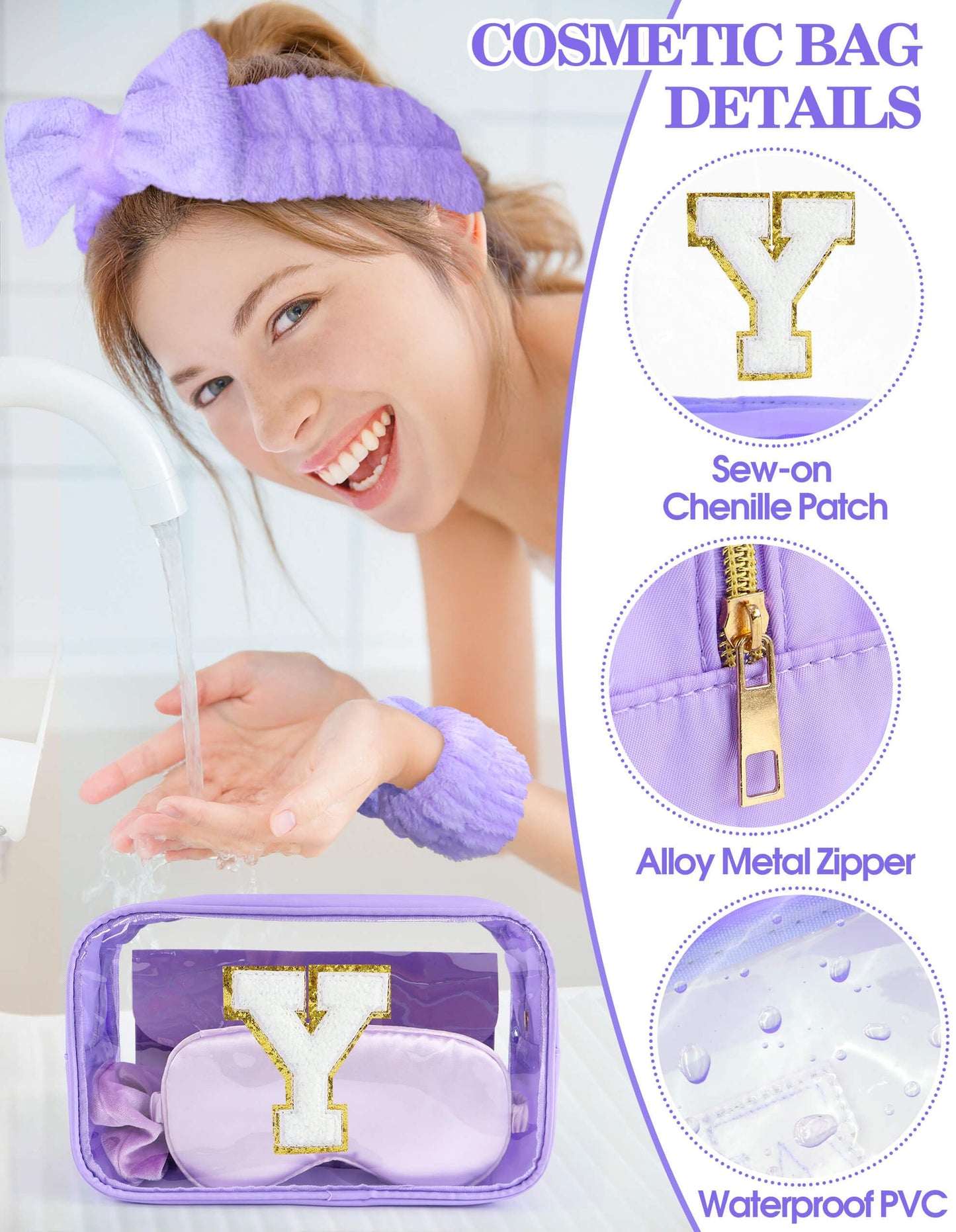 Sweet Lion Gift Sets for Women – Initial Makeup Bag, Purple Spa Kit & Brush Set