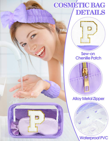 Sweet Lion Gift Sets for Women – Initial Makeup Bag & Brush Set | Purple Spa Kit for Sleepovers