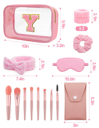 Sweet Lion Gift Sets for Women | Initial Makeup Bag & Brush Set | Pink Spa Kit