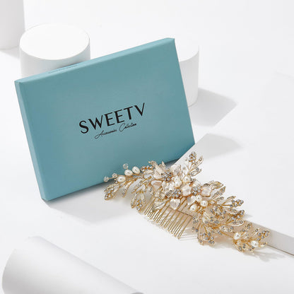 SWEETV Handmade Wedding Hair Comb Clip – Rhinestone Pearl with Gold Leaves