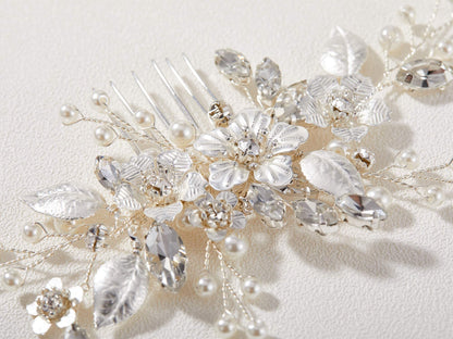 SWEETV Silver Bridal Hair Comb with Crystals & Pearls – Handmade Wedding Accessory