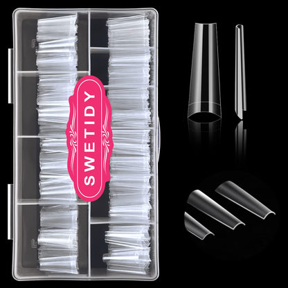 SWETIDY 500pcs No C Curve XL Coffin Nail Tips – Clear Long Coffin Acrylic Nails, 10 Sizes in Box