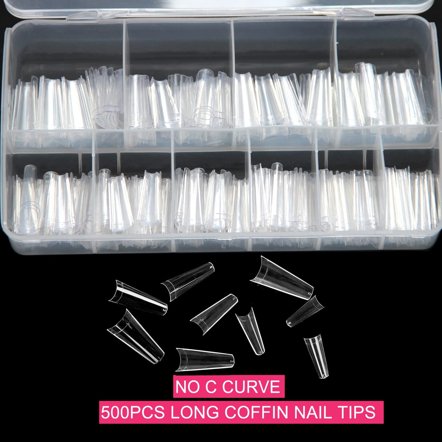 SWETIDY 500pcs No C Curve XL Coffin Nail Tips – Clear Long Coffin Acrylic Nails, 10 Sizes in Box