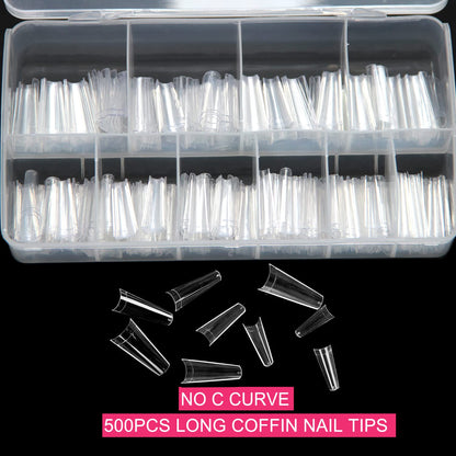 SWETIDY 500pcs No C Curve XL Coffin Nail Tips – Clear Long Coffin Acrylic Nails, 10 Sizes in Box