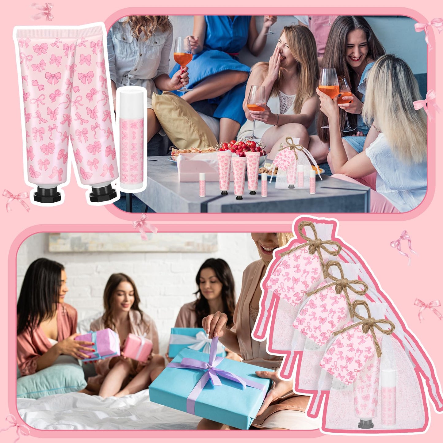 Swiffen Coquette 48-Set Pink Bow Baby Shower Favors – Hand Cream & Lip Balm