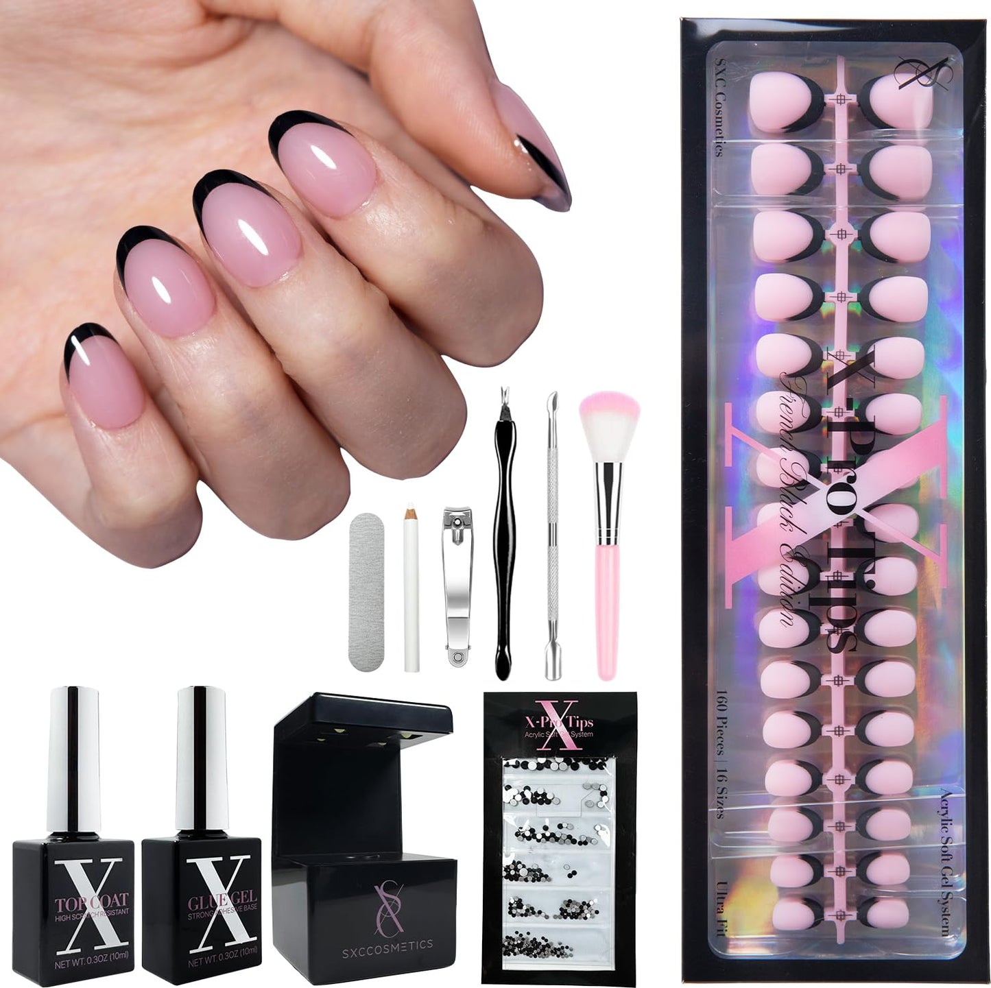 SXC Black Series French Tip Press-On Nails – Extra Short Almond, X-Pro Tips Starter Kit (160pcs)