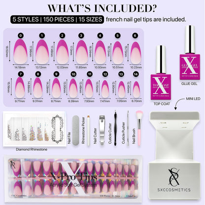SXC Cosmetics Purple Series French Tip Press On Nails – Medium Almond, X-Pro Tips Starter Kit (150pcs)
